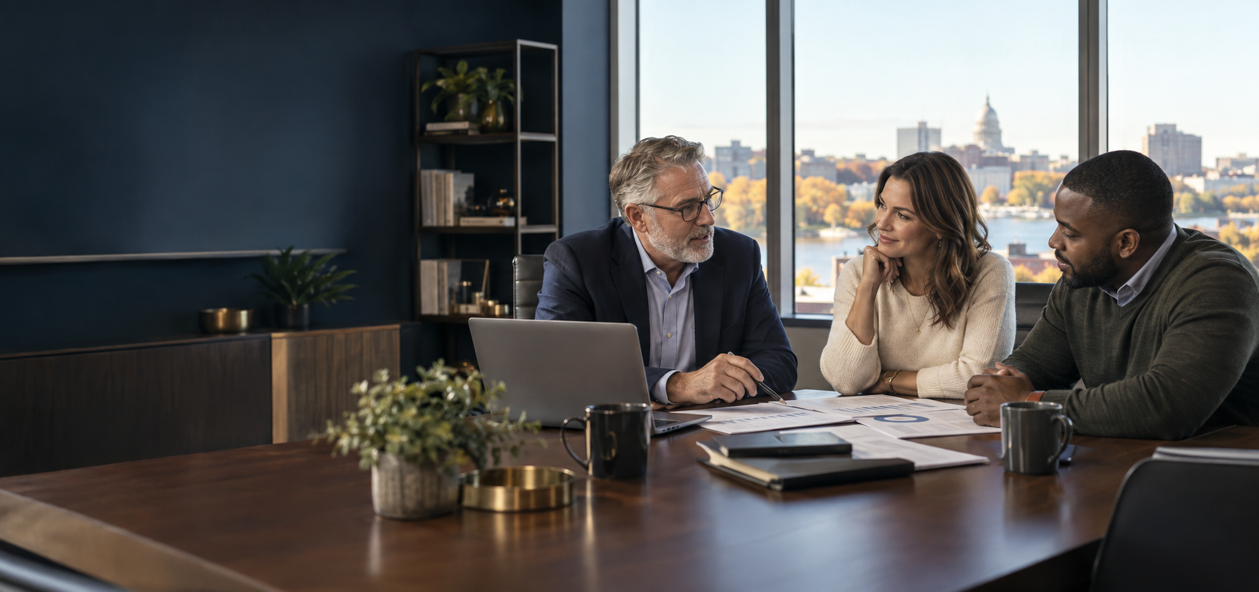 A CPA advising Michigan business owners in a contemporary office